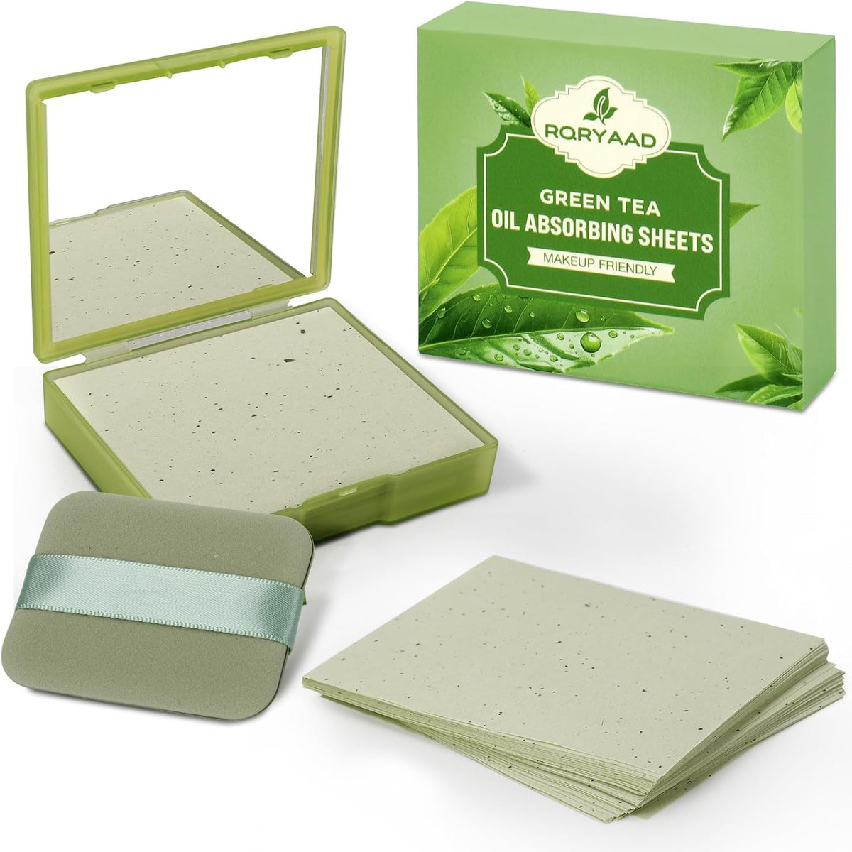 300 Oil Blotting Sheets for Face with Mirror & Puff, Green Tea Oil Absorbing Blotting Papers, Portable Blotting Sheets for All Skin Types, Makeup & Shine Control
