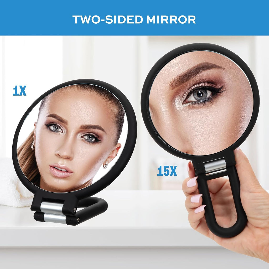 ForPro Magnifying Hand Mirror, 1X/15X Magnification, Folding Handle, Black
