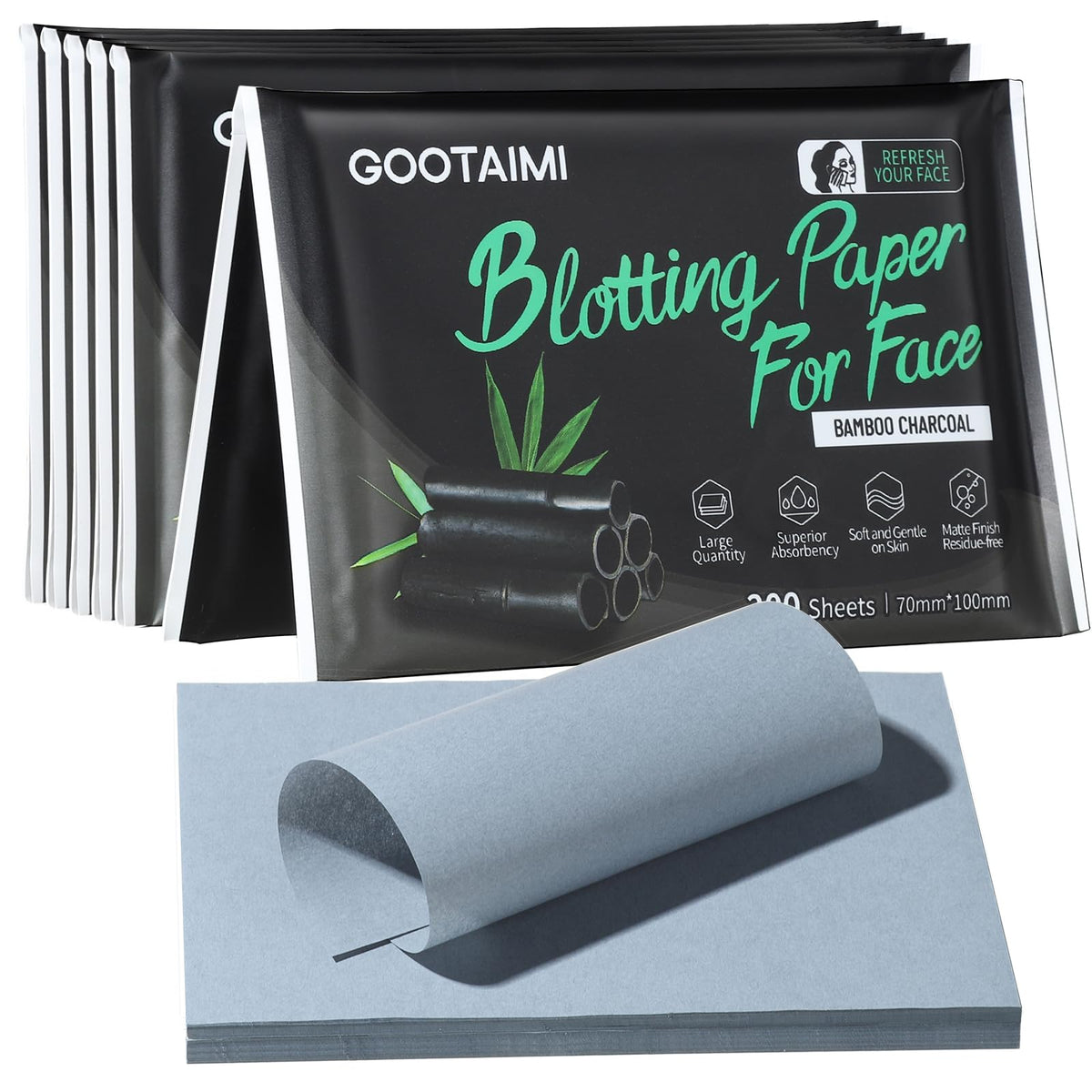 Blotting Paper for Oily Skin, Natural Bamboo Charcoal Blotting Paper, Oil Blotting Sheets for Face, 100 * 70MM Large Oil Absorbing Sheets Makeup Face Tissues, 200 Counts