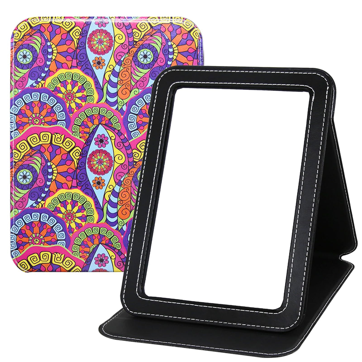 Large Folding Mirror Portable, Travel Foldable PU Adjustable Rectangular Ultrathin Vanity Mirror Rounded Corner with Multi Stand Angle, for Travel, Camping,Home 9x7 Inch
