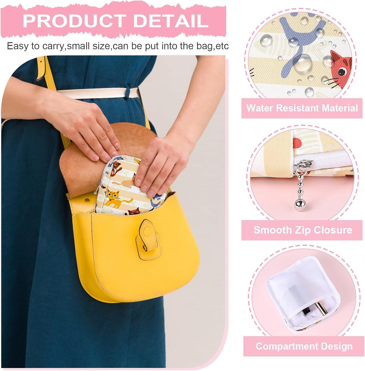 Sanitary Pad Storage Bag Portable Period Bag for Teen Pads/Sanitary Napkins/Small Tampons, Sanitary Napkin Storage Bag First Period Gifts for Teen Girls (Pink-White Checker)