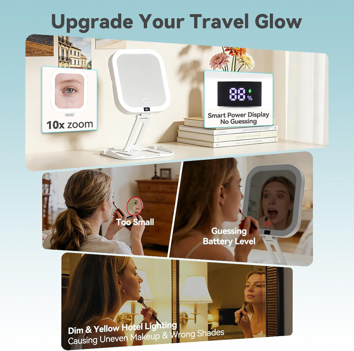 Travel Makeup Mirror with Lights 10X Magnifying Mirror with Battery Display
