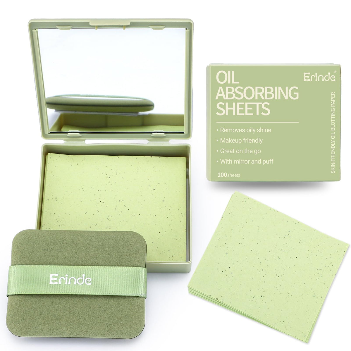 Erinde Oil Blotting Sheets for Face with Mirror and Puff, 300 Sheets Oil Blotting Paper for Oily Skin, Face Oil Absorbing Sheet, Natural Oil Control Film, Absorb Excess Oil, Makeup Friendly