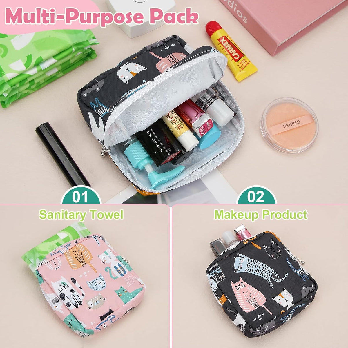 Sanitary Pad Storage Bag Portable Period Bag for Teen Pads/Sanitary Napkins/Small Tampons, Sanitary Napkin Storage Bag First Period Gifts for Teen Girls (Purple Hearts)