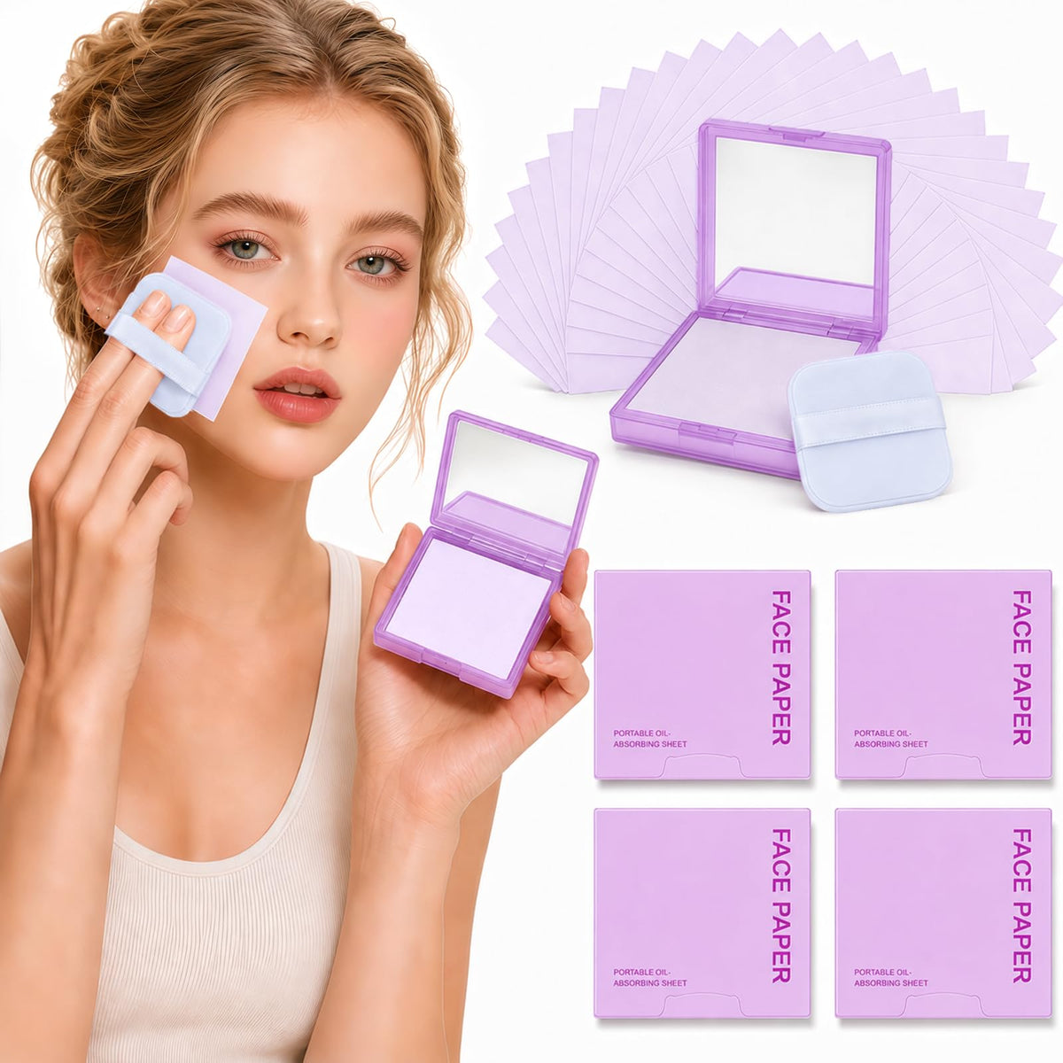 Oil Blotting Sheets for Face, 500 Pcs Blotting Papers for face with Mirror, Puff and Refill Pack, Rapidly absorb excess oils Makeup Friendly for Women with Oily Skin (Light Gray and Odorless)