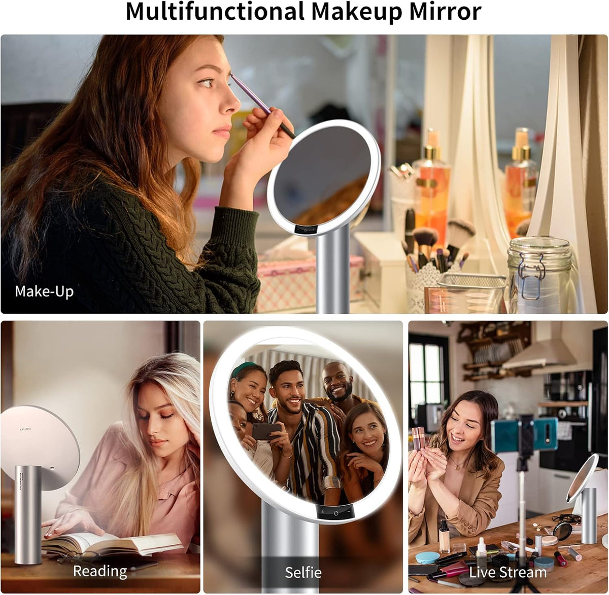 AMIRO 9"LED Makeup Mirror with 10X Magnification,3Colors&6 Brightness,White