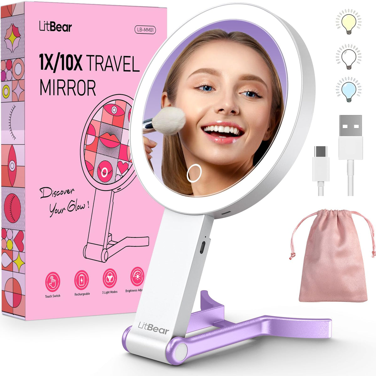 LitBear Travel Makeup Mirror with Lights, Rechargeable Double-Sided 10X/1X Magnifying Mirror, Portable Lighted Beauty Mirror, 3 Color Lighting, Dimmable Touch Screen, Tabletop Handhold Hanging (White)