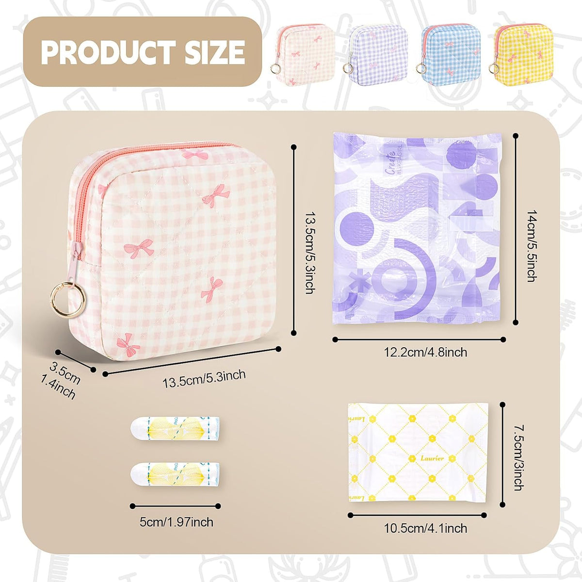 Period Bag for Teen Girls, Quilted Sanitary Napkin Storage Bag, Cute Bow Tie Menstrual Pad Pouch Tampon Holder (Plaid Pink)