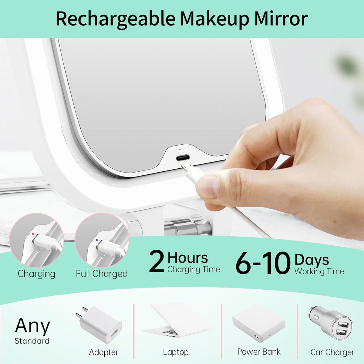 FASCINATE 7" Rechargeable Travel Makeup Mirror 30X Magnification (White)