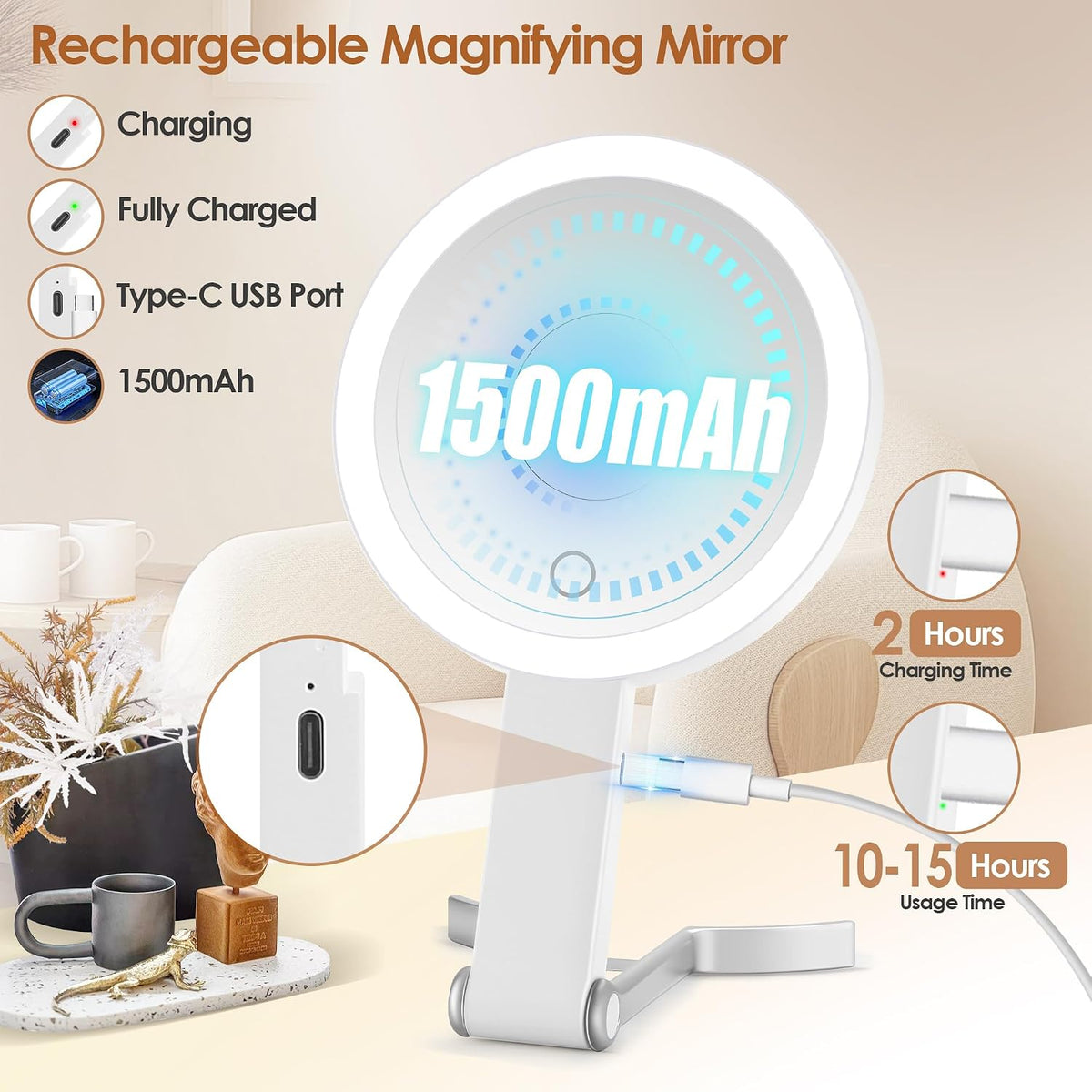 MIYADIVA Travel Makeup Mirror with Lights, Height Adjustable 30X/1X Double-Sided Magnifying Mirror, Portable Vanity Mirror with Tweezers, Handheld Tabletop Hanging, White