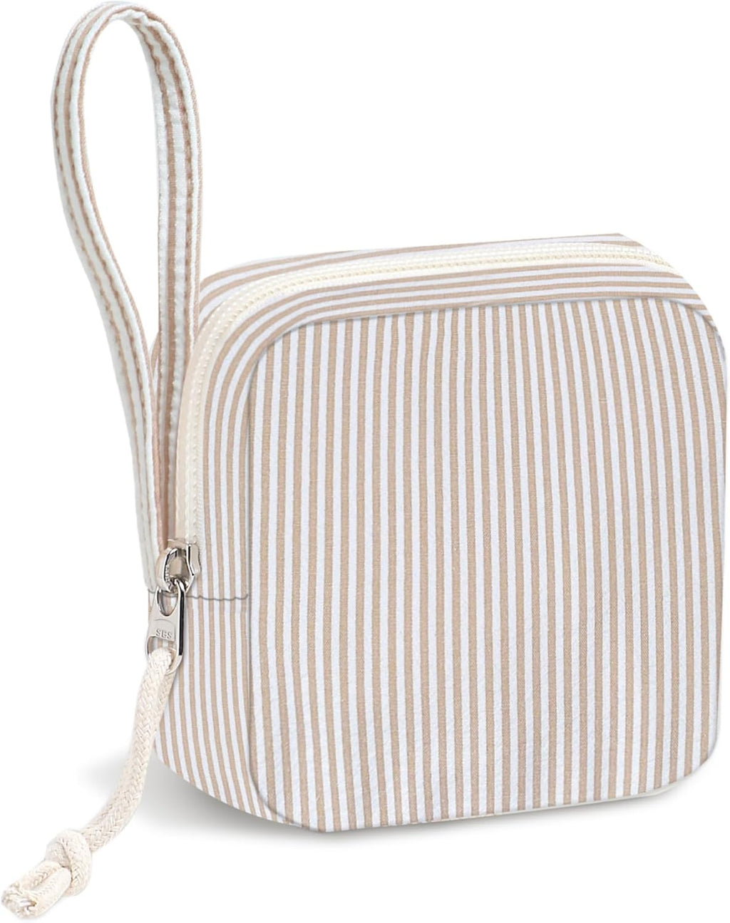 Corduroy Period Pouch for Women, Cute Sanitary Pad Pouch with Zipper, Portable Tampon Holder for Purse, Sanitary Napkin Storage Bag for Travel (Stripes Brown White)