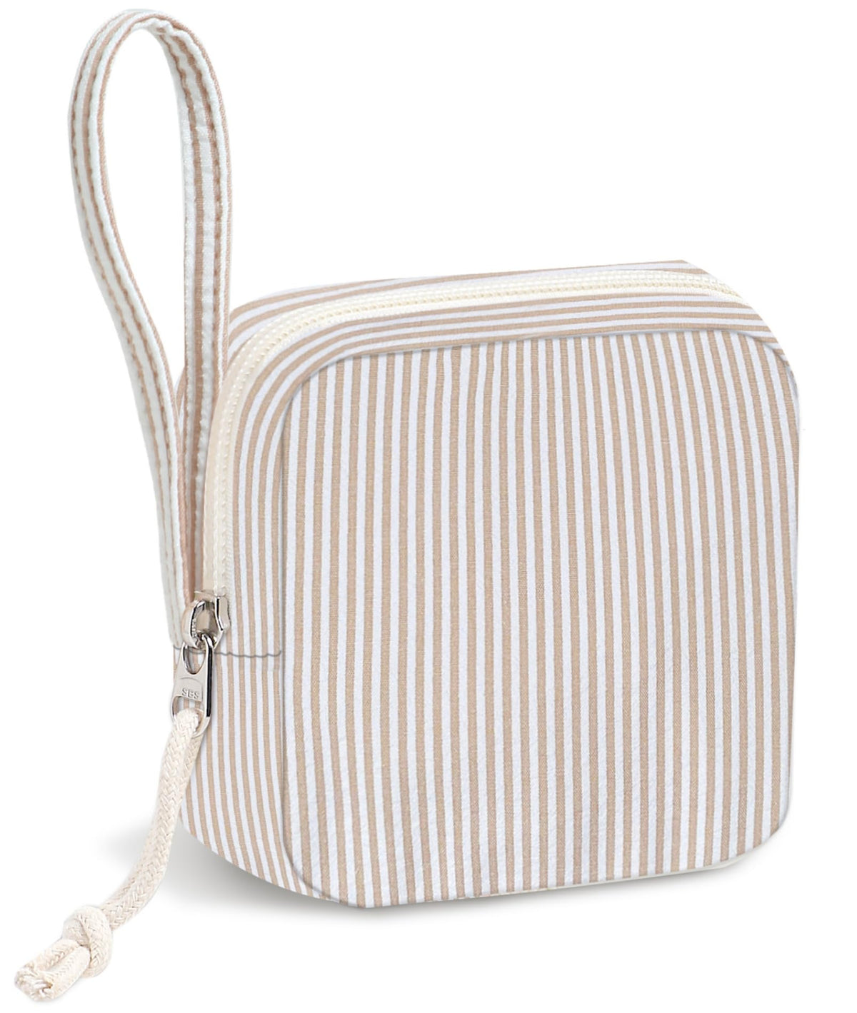 Corduroy Period Pouch for Women, Cute Sanitary Pad Pouch with Zipper, Portable Tampon Holder for Purse, Sanitary Napkin Storage Bag for Travel (Stripes Brown White)