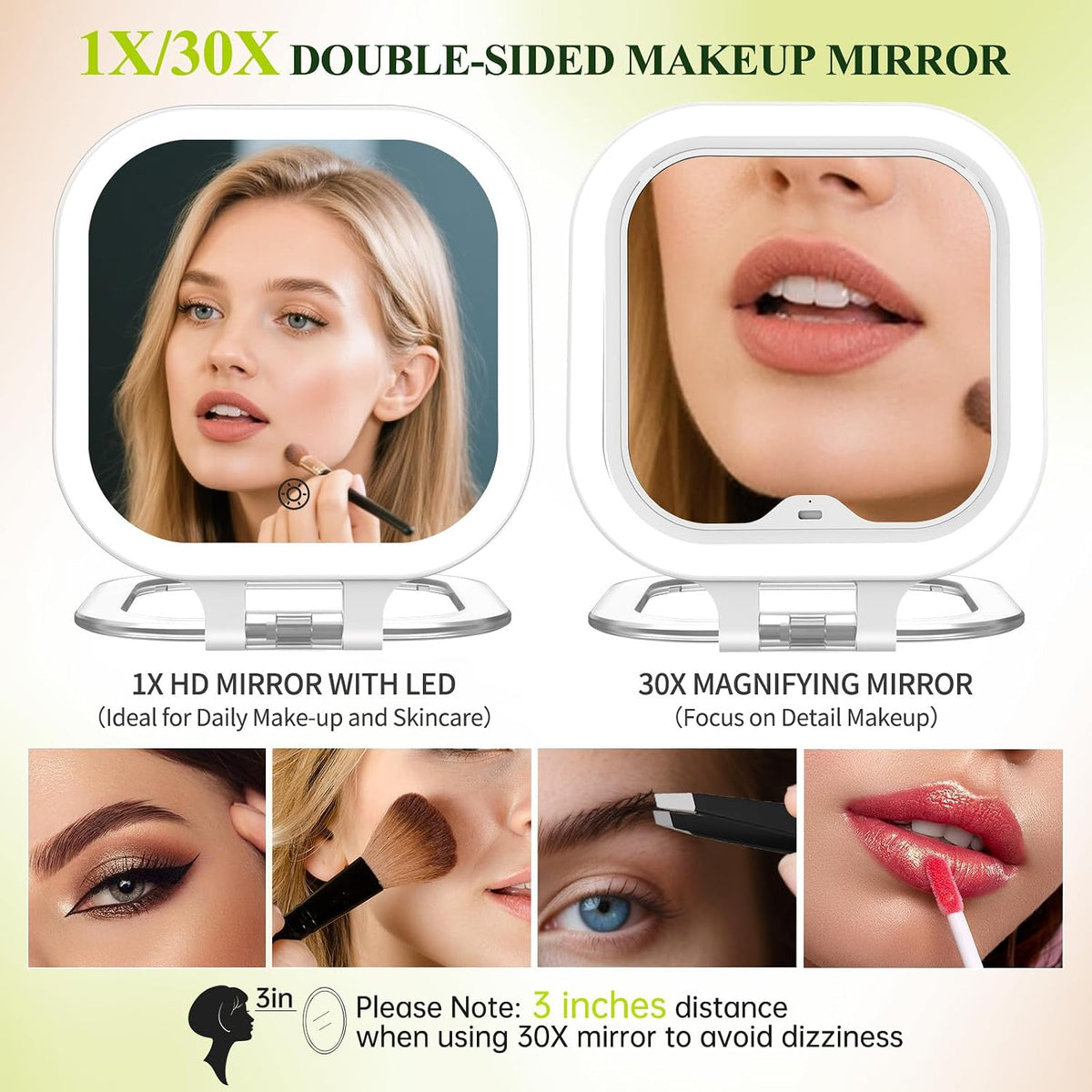FUNTOUCH Rechargeable 7" Travel Makeup Mirror 30X Magnification,White