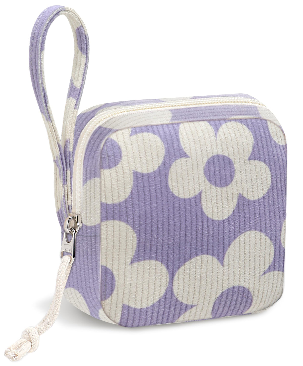 Corduroy Period Pouch for Women, Cute Sanitary Pad Pouch with Zipper, Portable Tampon Holder for Purse, Sanitary Napkin Storage Bag for Travel (Stripes Brown White)