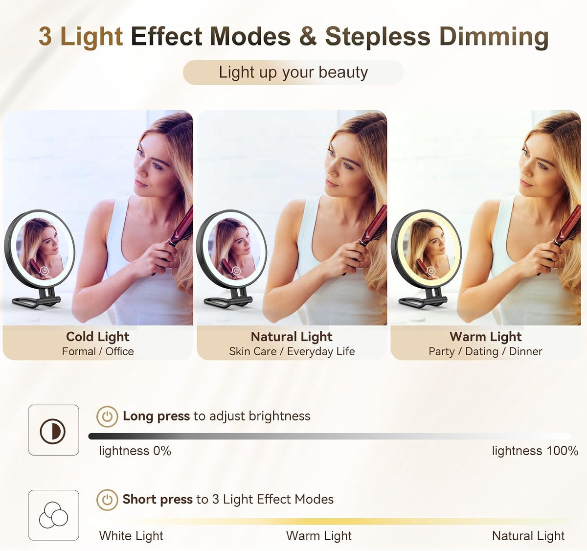 Travel Makeup Mirror with Lights,3000mAh Rechargeable 1X/30X Magnifying Mirror with Light, 7" Portable Lighted Beauty Mirror, Make Up Mirrors with 3 Light Colors, Dimmable Tabletop Handhold Hanging(B)