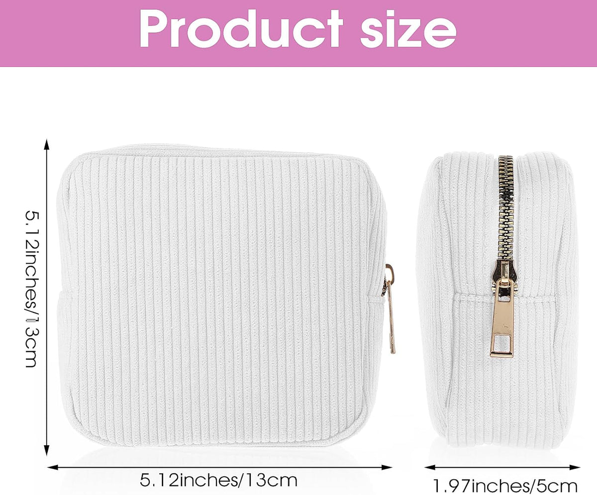 Xinjoduz 1 PCS Menstrual Bags for Teen Girls, Mini Corduroy Travel Period Bag for Sanitary Napkin Storage Portable Makeup Pouch with Zipper Feminine Pad Bags Tampon Holder for Women Purse(White)