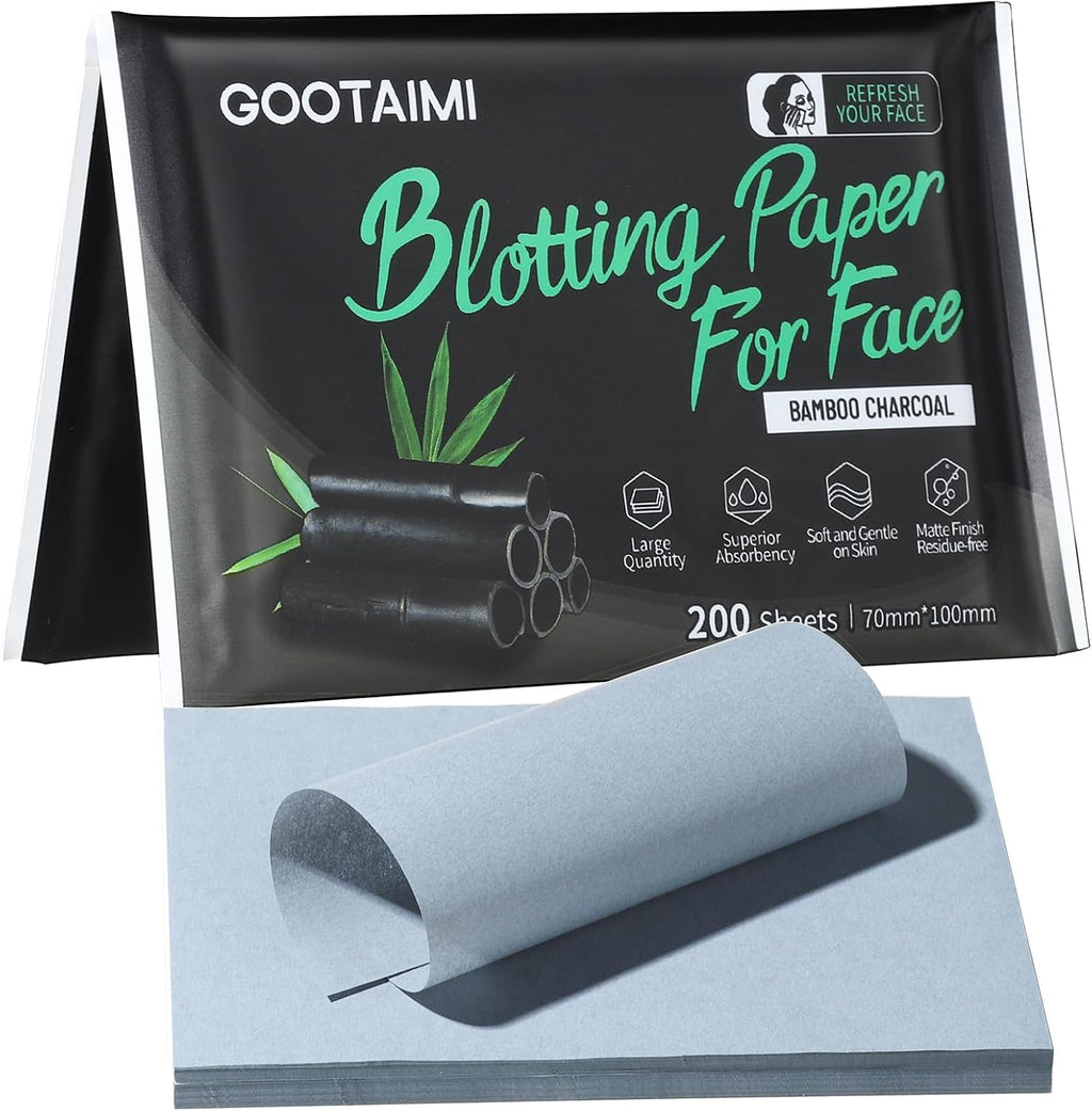 Blotting Paper for Oily Skin, Natural Bamboo Charcoal Blotting Paper, Oil Blotting Sheets for Face, 100 * 70MM Large Oil Absorbing Sheets Makeup Face Tissues, 200 Counts