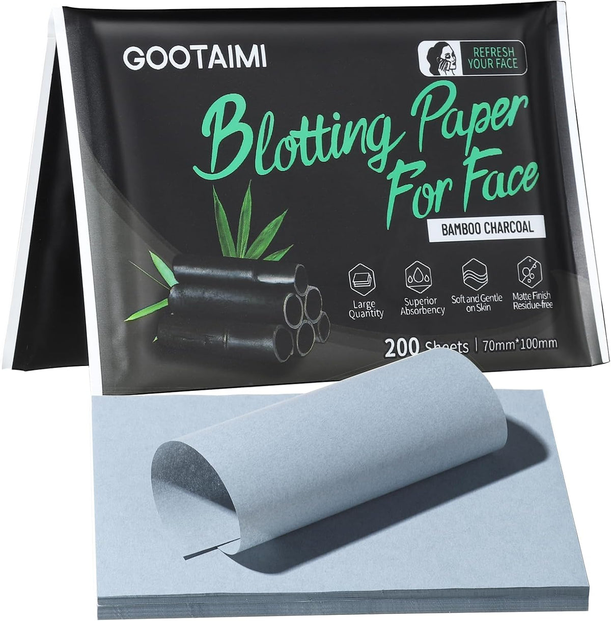 Blotting Paper for Oily Skin, Natural Bamboo Charcoal Blotting Paper, Oil Blotting Sheets for Face, 100 * 70MM Large Oil Absorbing Sheets Makeup Face Tissues, 200 Counts