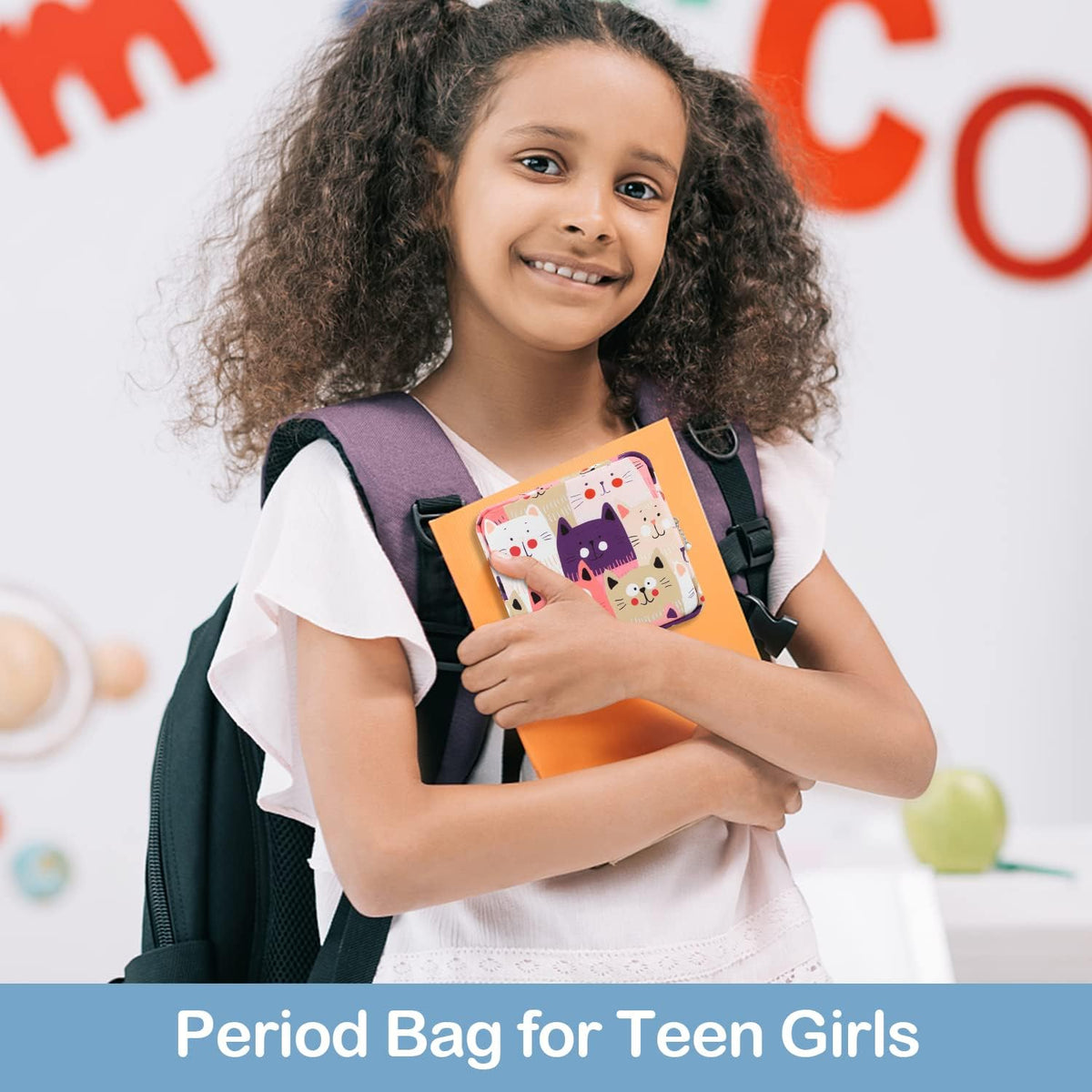 Sanitary Pad Storage Bag Portable Period Bag for Teen Pads/Sanitary Napkins/Small Tampons, Sanitary Napkin Storage Bag First Period Gifts for Teen Girls (Cat)