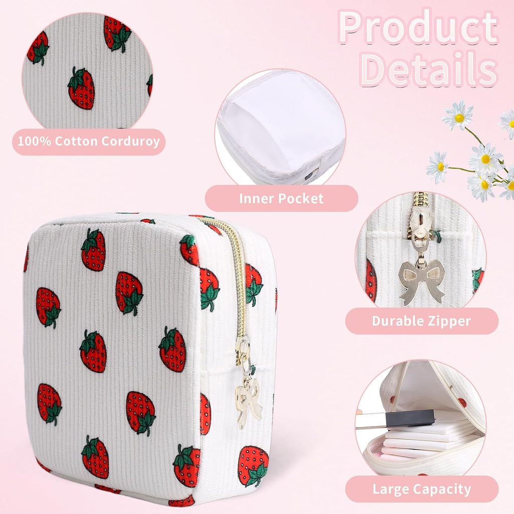 Period Bag for Women, Portable Corduroy Sanitary Napkin Storage Bag Strawberry Period Pouch with Zipper, Sanitary Pads Bag Tampons Holder for Purse, First Period