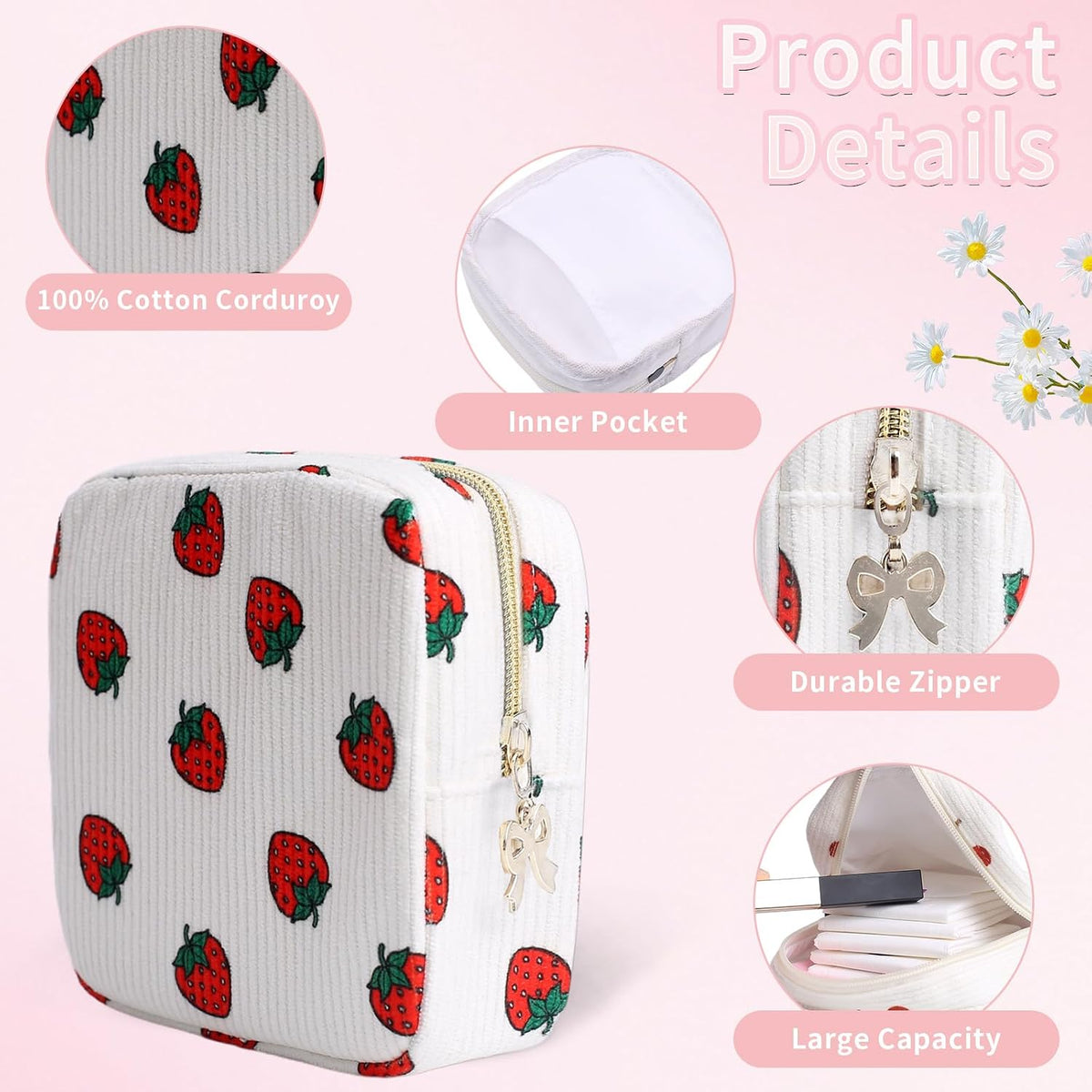 Period Bag for Women, Portable Corduroy Sanitary Napkin Storage Bag Strawberry Period Pouch with Zipper, Sanitary Pads Bag Tampons Holder for Purse, First Period