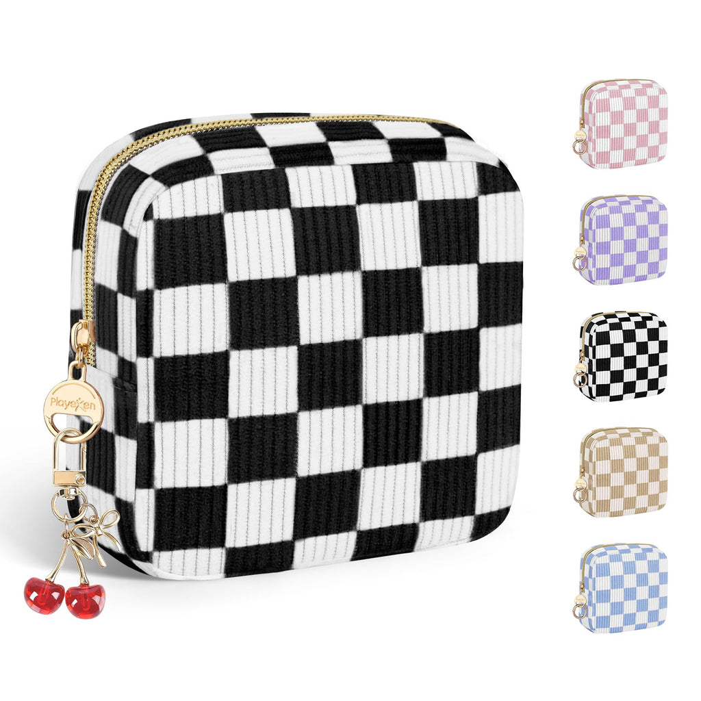 Quilted Period Bag with Cherry Keychain, Small Period Pouches for Teen Girls, Cute Sanitary Napkin Storage Bag, Bow Compact Discreet Pad and Tampon Holder for Purse (Plaid-Pink)