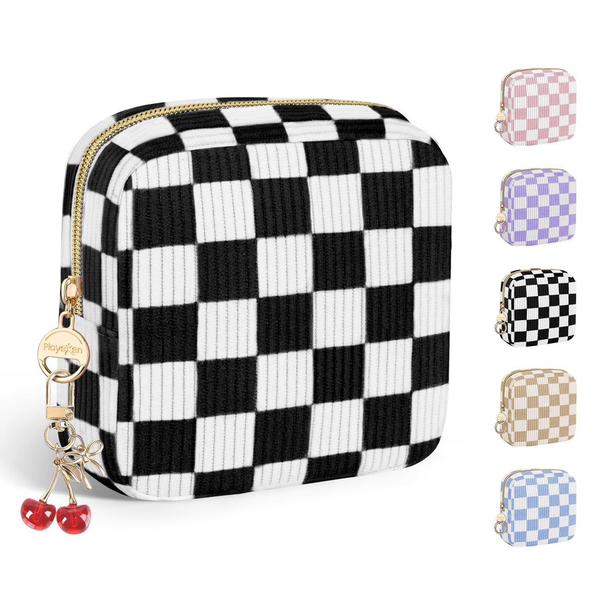 Quilted Period Bag with Cherry Keychain, Small Period Pouches for Teen Girls, Cute Sanitary Napkin Storage Bag, Bow Compact Discreet Pad and Tampon Holder for Purse (Plaid-Pink)