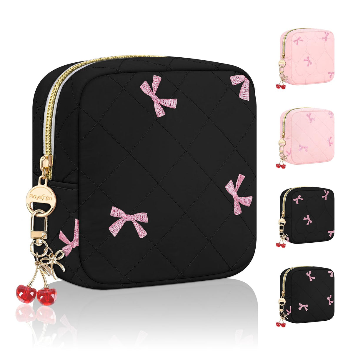 Quilted Period Bag with Cherry Keychain, Small Period Pouches for Teen Girls, Cute Sanitary Napkin Storage Bag, Bow Compact Discreet Pad and Tampon Holder for Purse (Plaid-Pink)