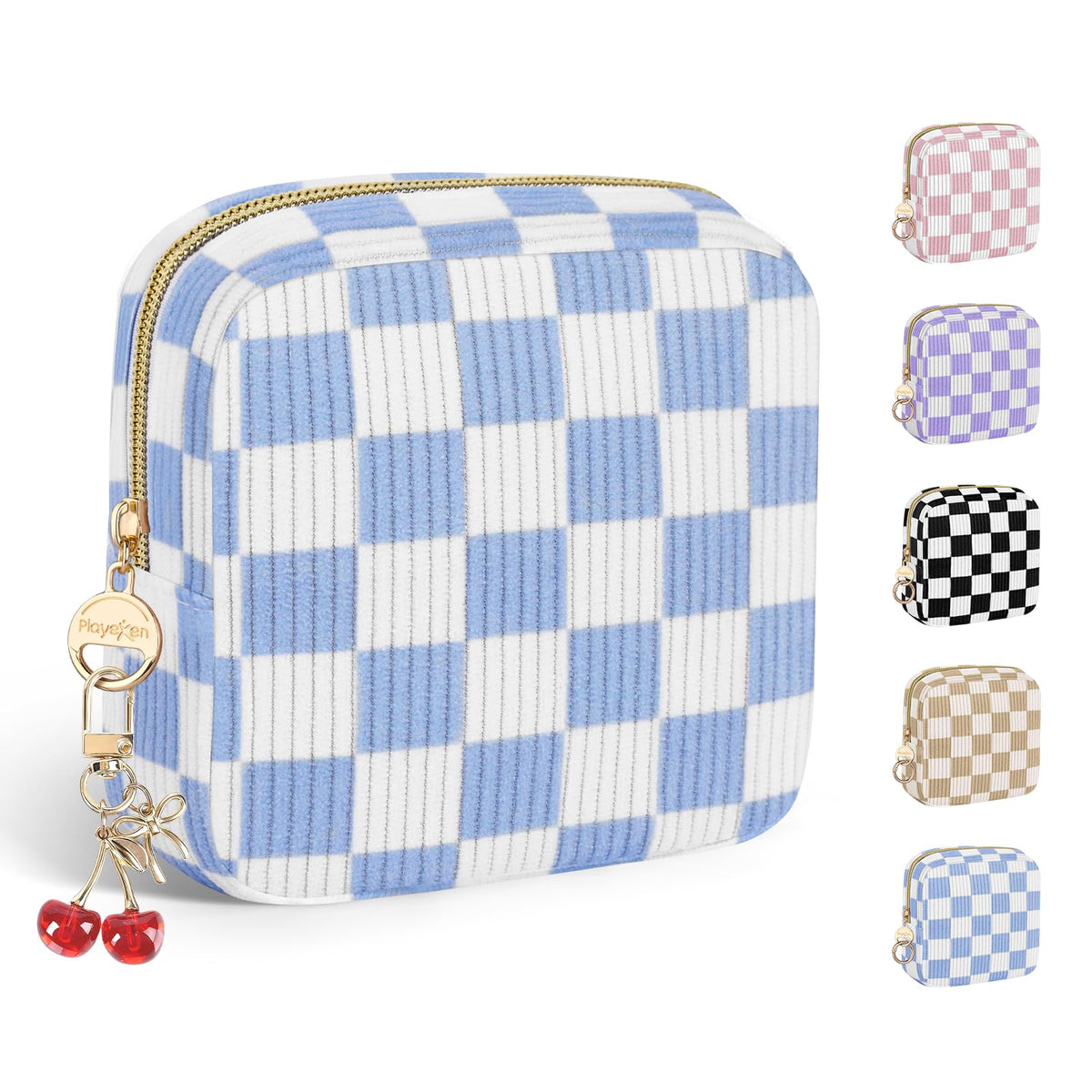 Quilted Period Bag with Cherry Keychain, Small Period Pouches for Teen Girls, Cute Sanitary Napkin Storage Bag, Bow Compact Discreet Pad and Tampon Holder for Purse (Plaid-Pink)