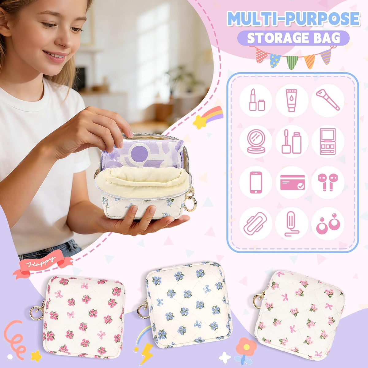 Floral Period Bag, Small Period Pouches for Teen Girls, Quilted Sanitary Napkin Storage Bag, Compact Discreet Pad and Tampon Holder for Purse (Floral-Rose Blue)