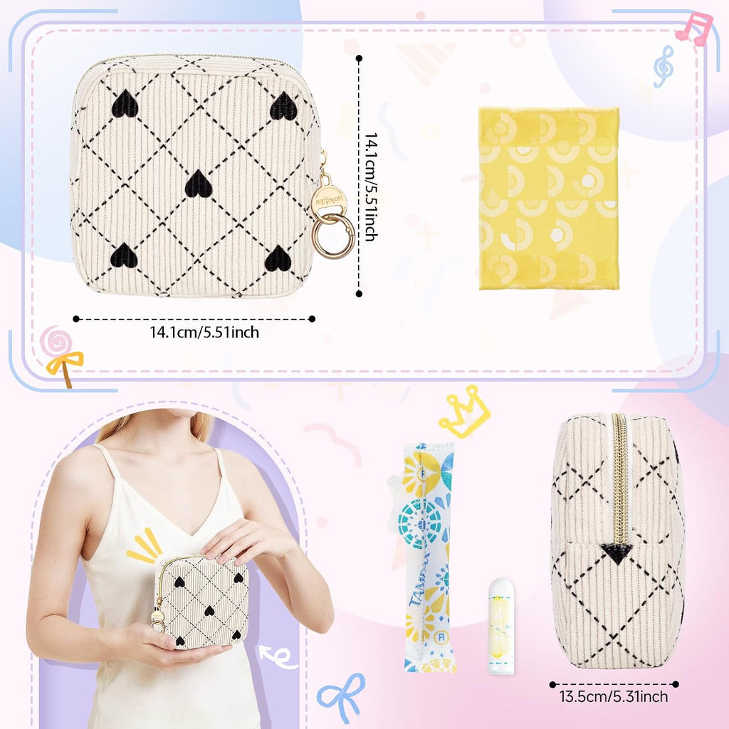 Corduroy Period Bag, Small Period Pouches for Teen Girls, Cute Sanitary Napkin Storage Bag, Compact Discreet Pad and Tampon Holder for Purse (Pink Hearts)