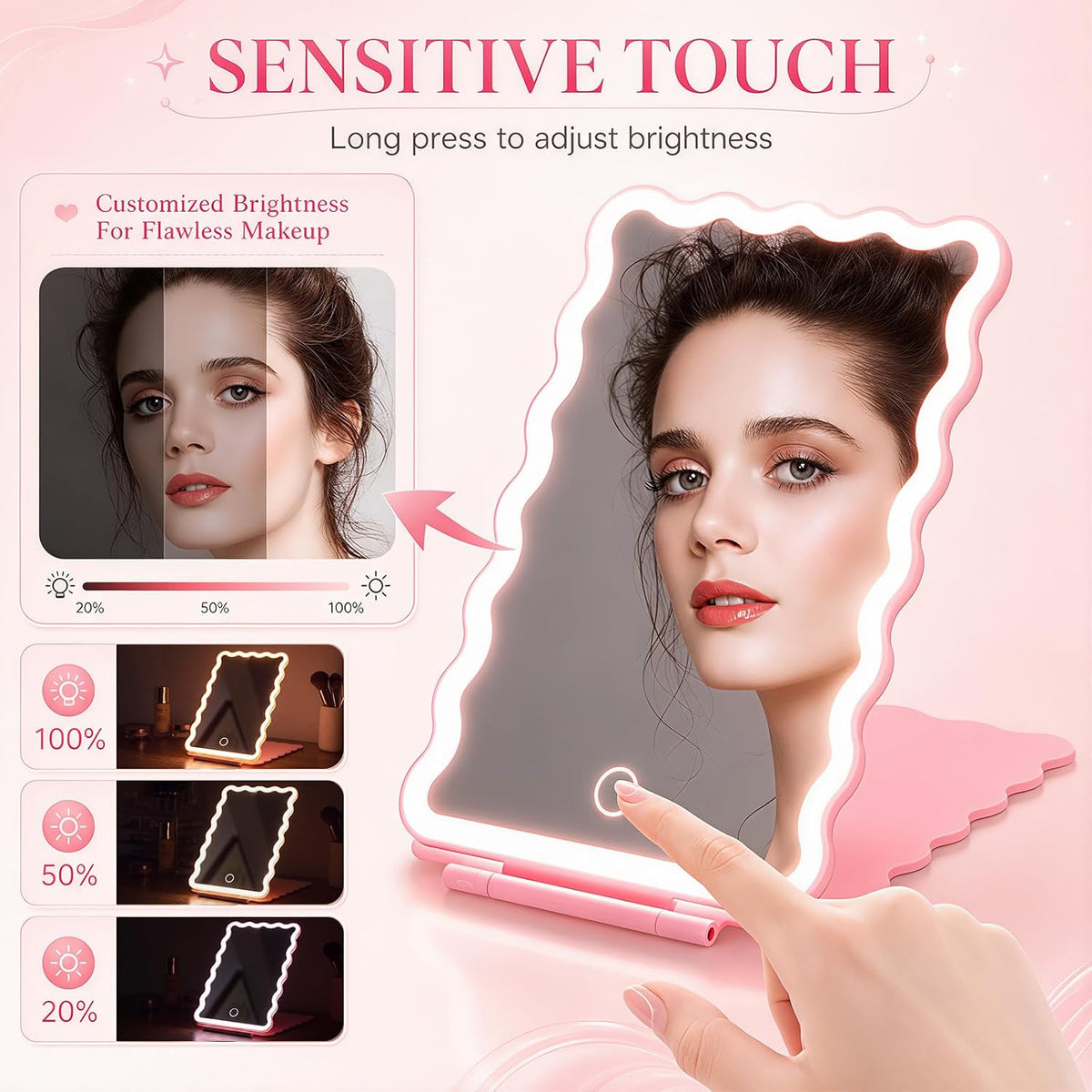 8.3 x 5.3 in Scalloped Makeup Mirror with Lights 500mah Battery