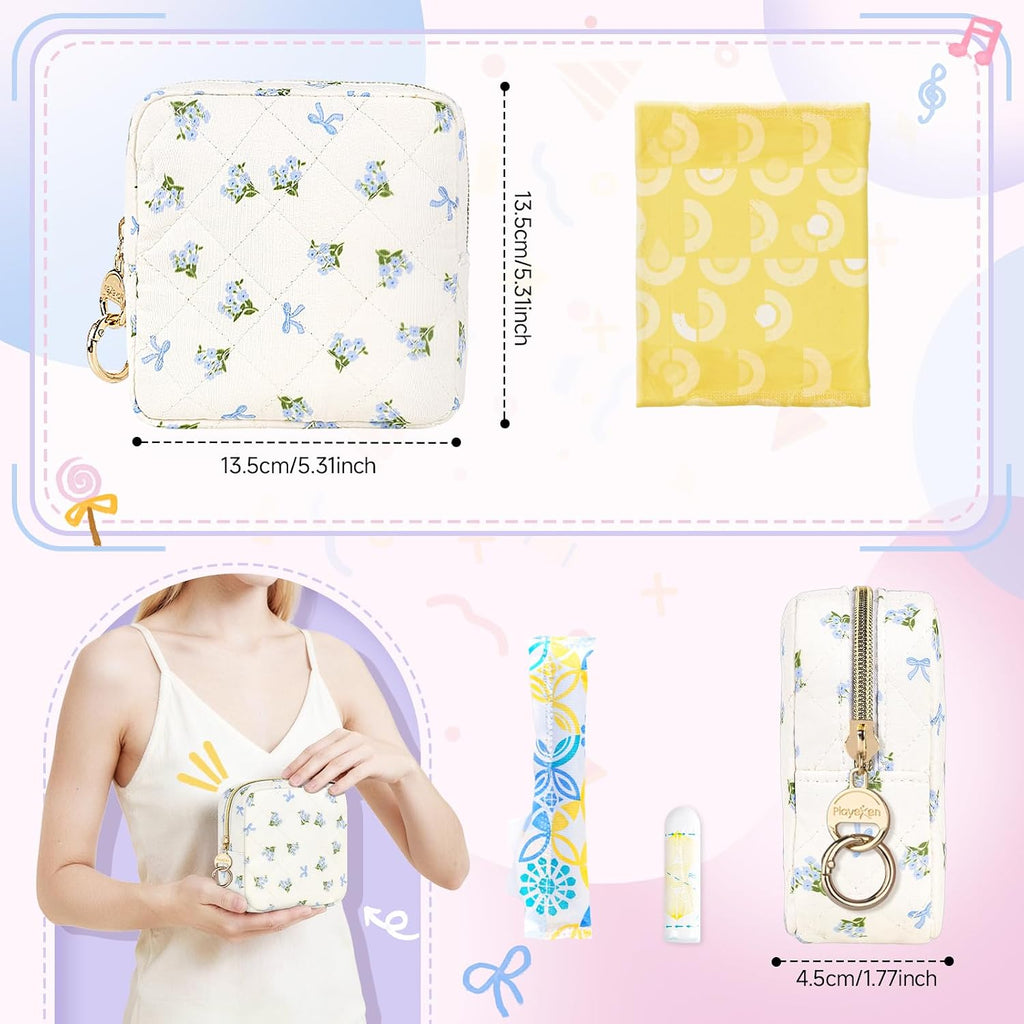 Floral Period Bag, Small Period Pouches for Teen Girls, Quilted Sanitary Napkin Storage Bag, Compact Discreet Pad and Tampon Holder for Purse (Floral-Rose Blue)
