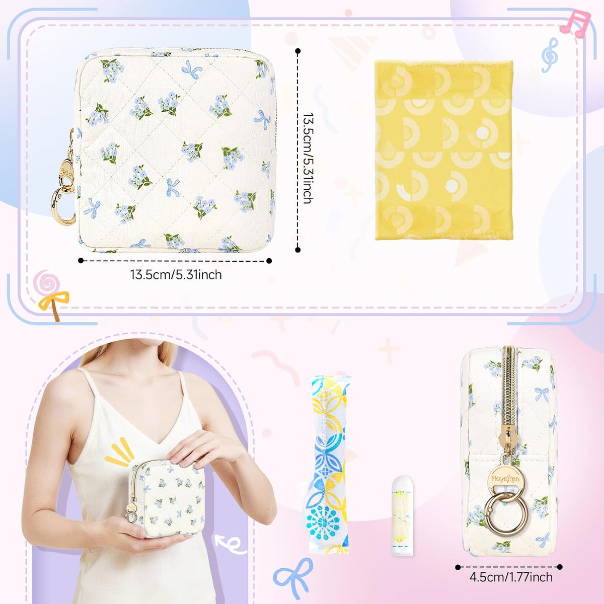 Floral Period Bag, Small Period Pouches for Teen Girls, Quilted Sanitary Napkin Storage Bag, Compact Discreet Pad and Tampon Holder for Purse (Floral-Rose Blue)