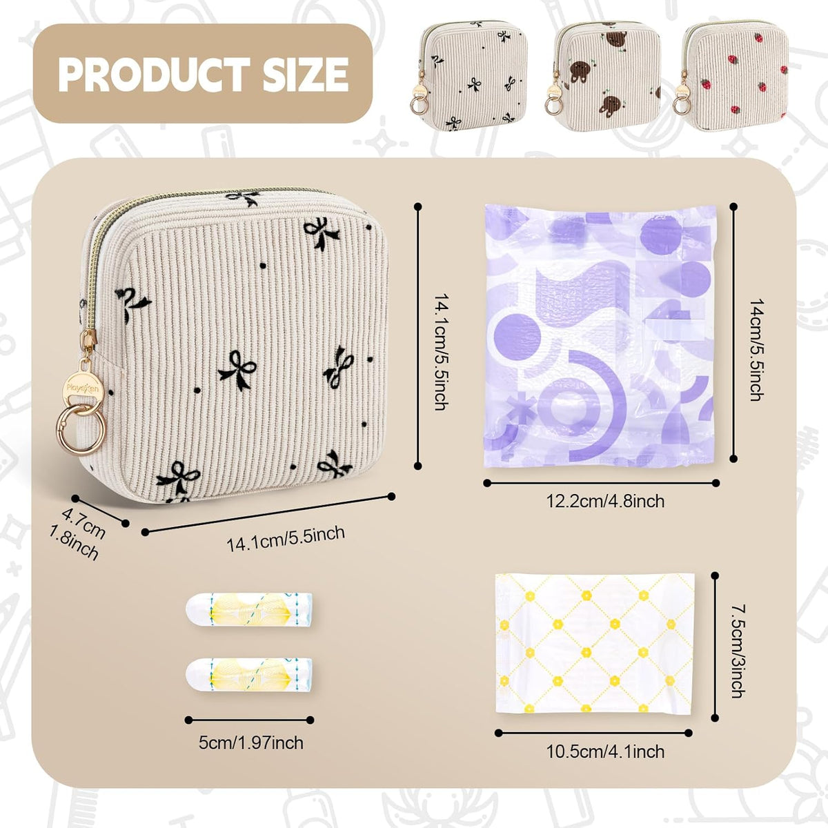 Period Bag for Teen Girls, Corduroy Sanitary Napkin Pouch, S-Beige