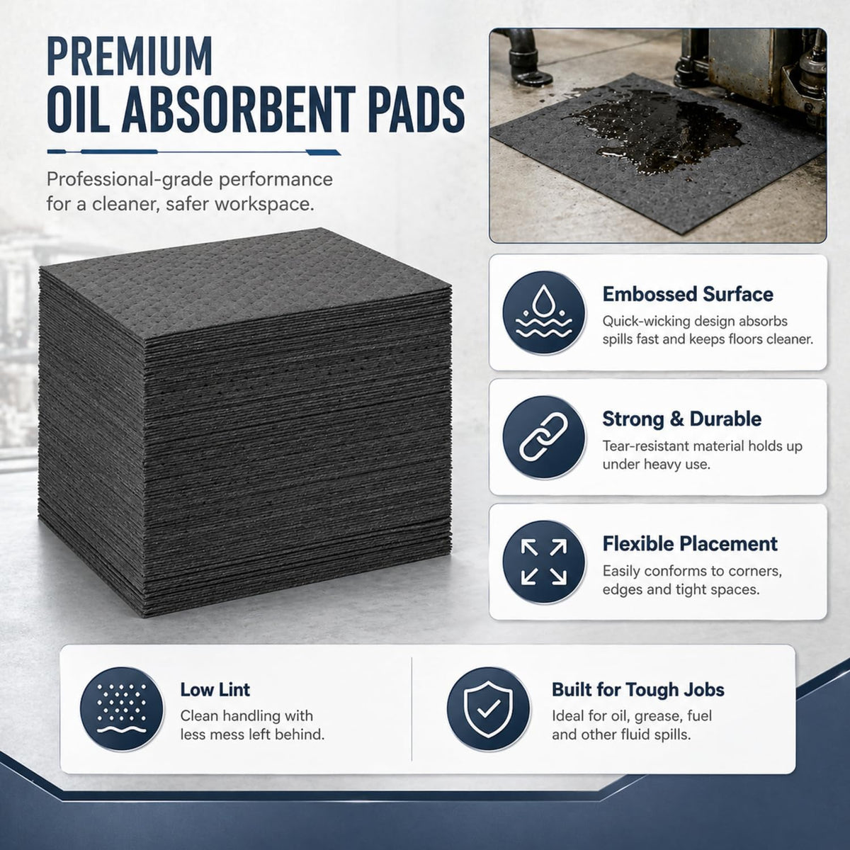Hoolerry 100 Pcs Oil Absorbent Pad for Spill, 9.8 x 13 Inch, Gray