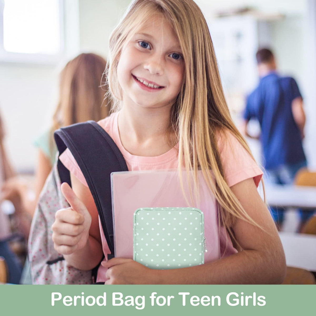 Sanitary Pad Storage Bag Portable Period Bag for Teen Pads/Sanitary Napkins/Small Tampons, Sanitary Napkin Storage Bag First Period Gifts for Teen Girls (Green Dot)
