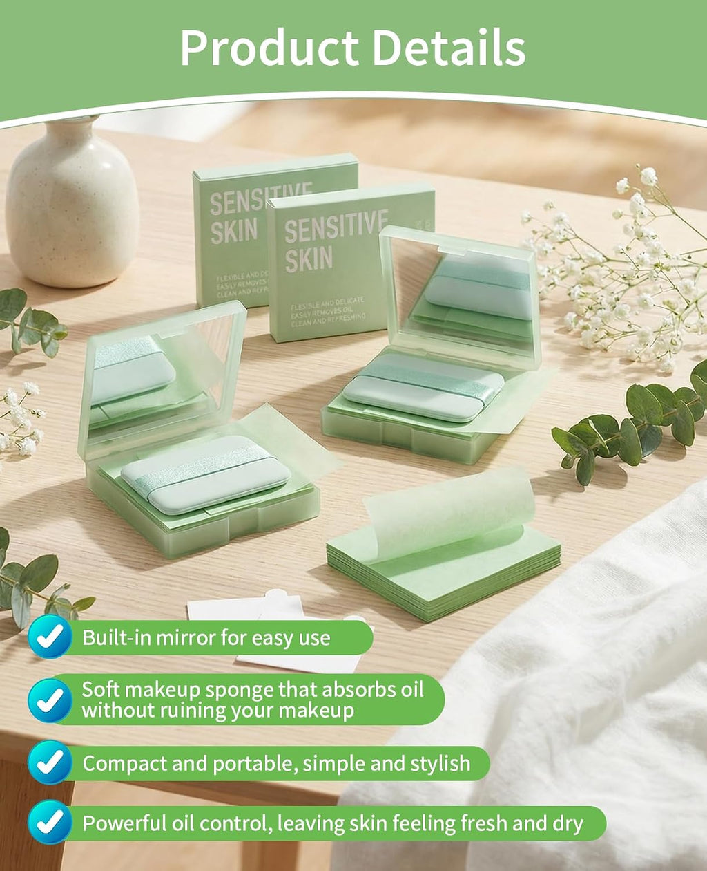 400 Sheets Oil Blotting Papers for Face with Mirror Puff, Oil Absorbing Sheets for Oily Skin