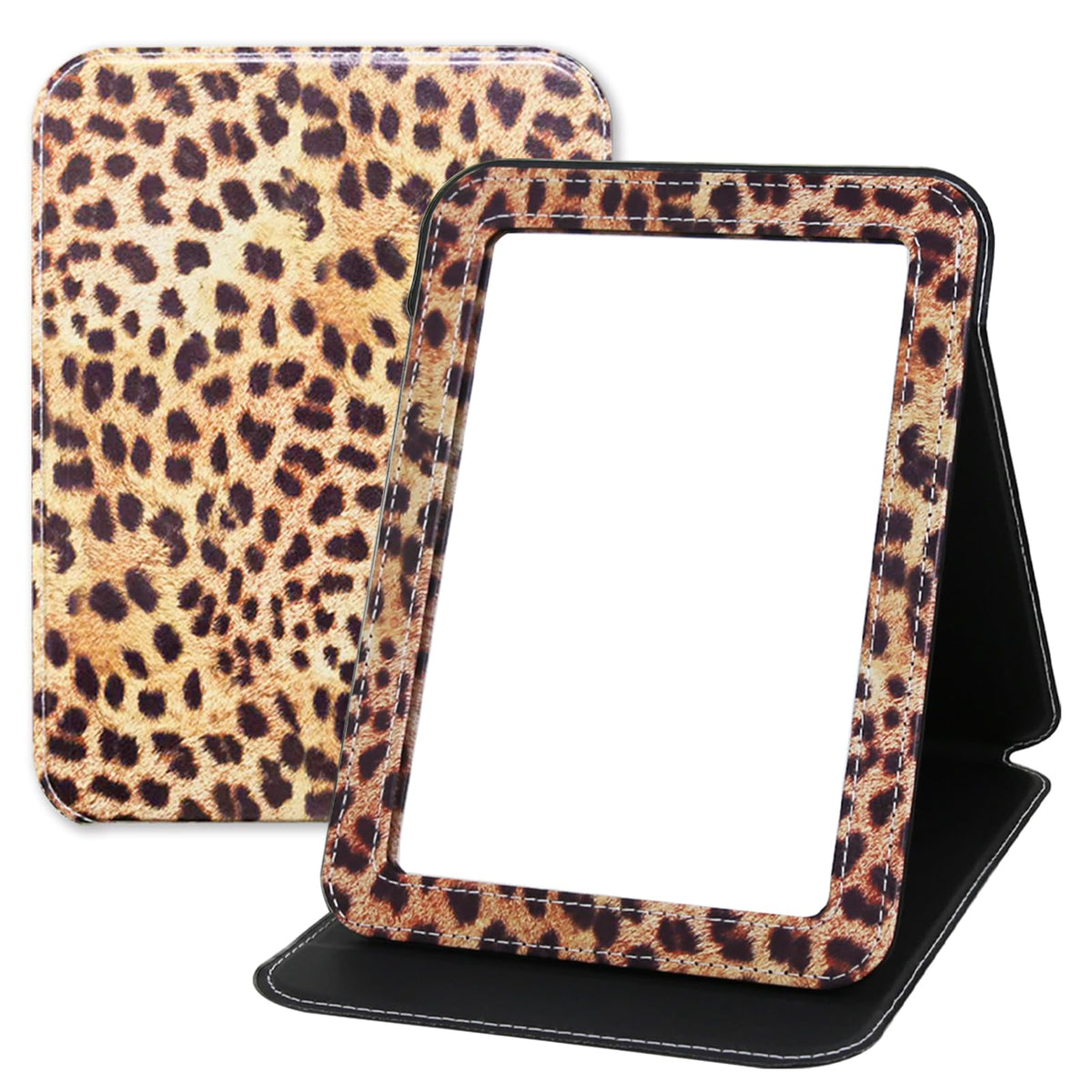 Large Folding Mirror Portable, Travel Foldable PU Adjustable Rectangular Ultrathin Vanity Mirror Rounded Corner with Multi Stand Angle, for Travel, Camping,Home 9x7 Inch