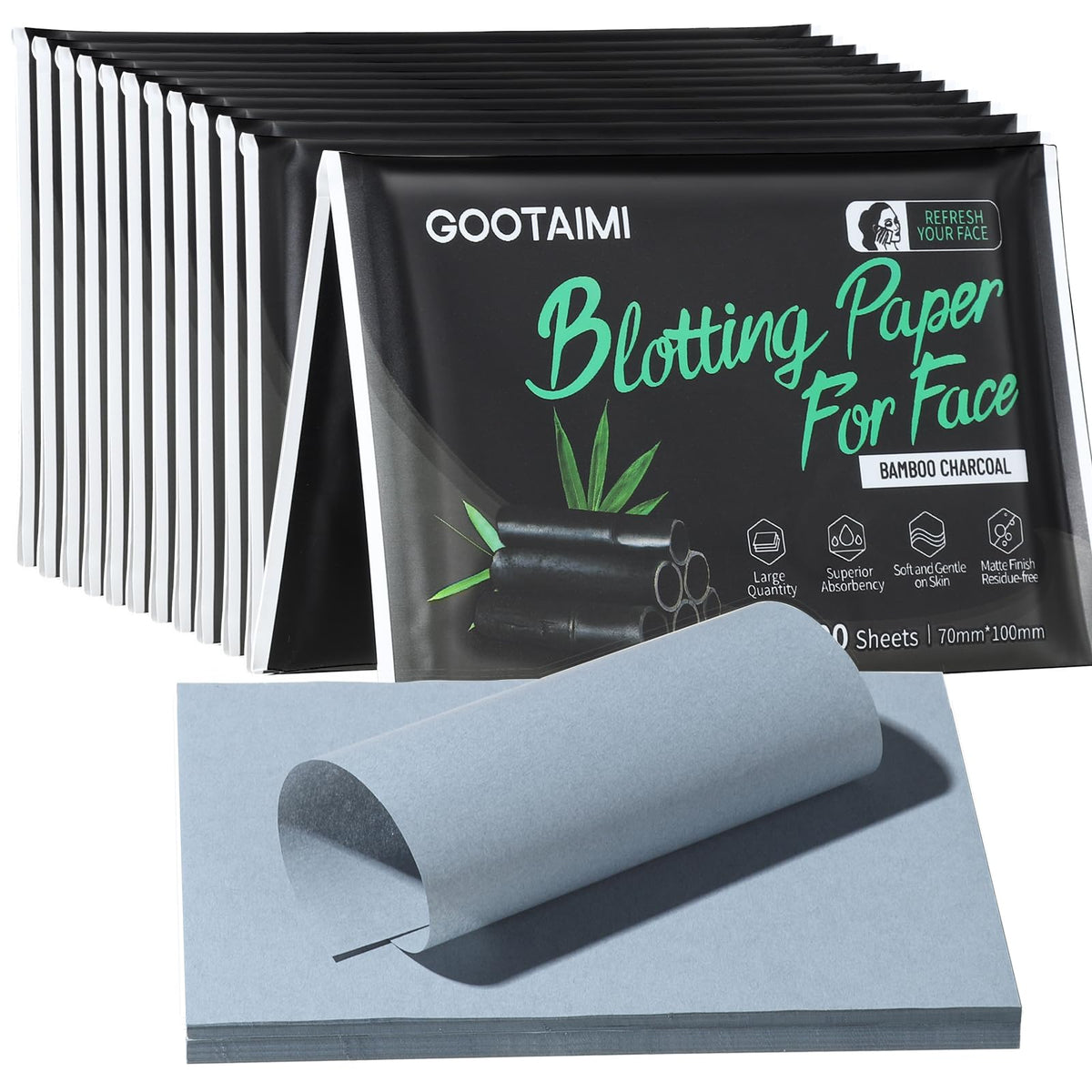 Blotting Paper for Oily Skin, Natural Bamboo Charcoal Blotting Paper, Oil Blotting Sheets for Face, 100 * 70MM Large Oil Absorbing Sheets Makeup Face Tissues, 200 Counts