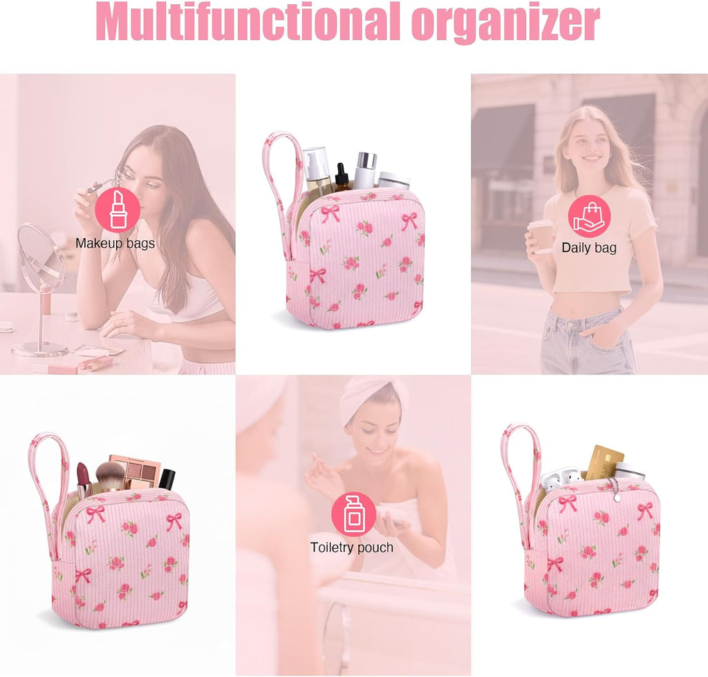 Small Makeup Bag | Discreet Period Bag Pad Pouch for Purse| Sanitary Napkin Storage & Tampon Holder for Travel(Flower bow pink)