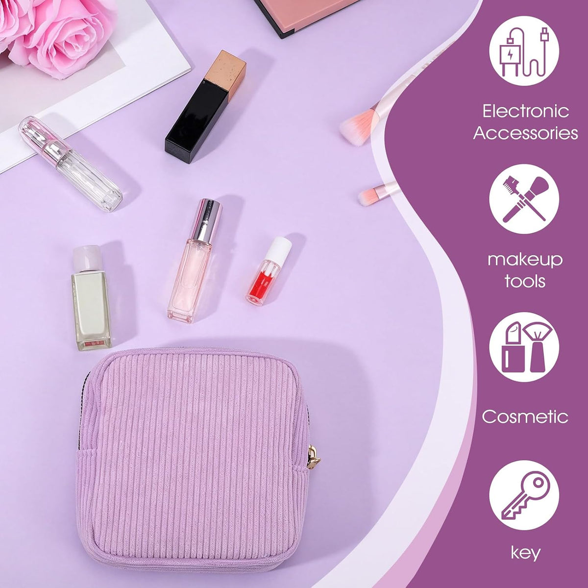 Period Bag, Small Pouches for Purse, Portable Cute Makeup Bag for Women, Corduroy Sanitary Period Bags, Small Cosmetic Bags, Discreet Menstrual Pads Pouches Tampons Holder(Purple)
