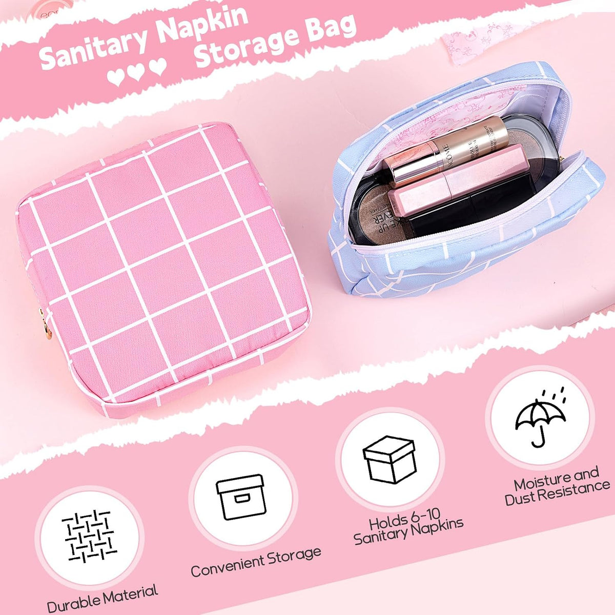 Period Bag Pouch Soft Cloth Sanitary Napkin Storage Bag Portable Menstrual Pad Pouches Tampon Holder for Purse First Period Kit for Girls 9-12 (Blue-White Check)