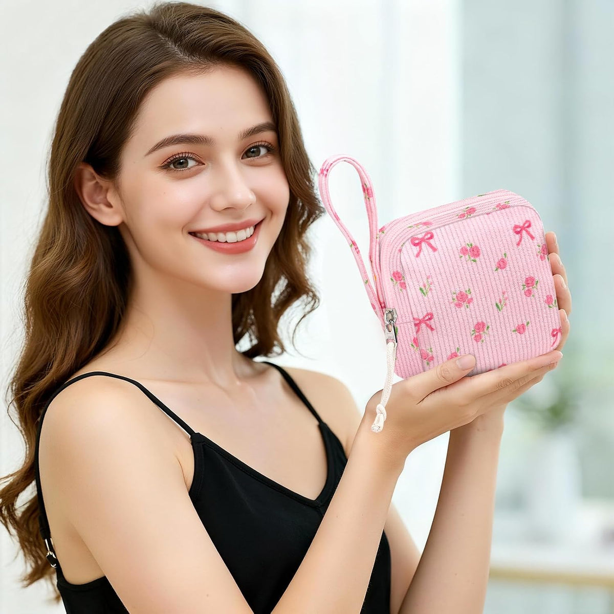 Small Makeup Bag | Discreet Period Bag Pad Pouch for Purse| Sanitary Napkin Storage & Tampon Holder for Travel(Flower bow pink)
