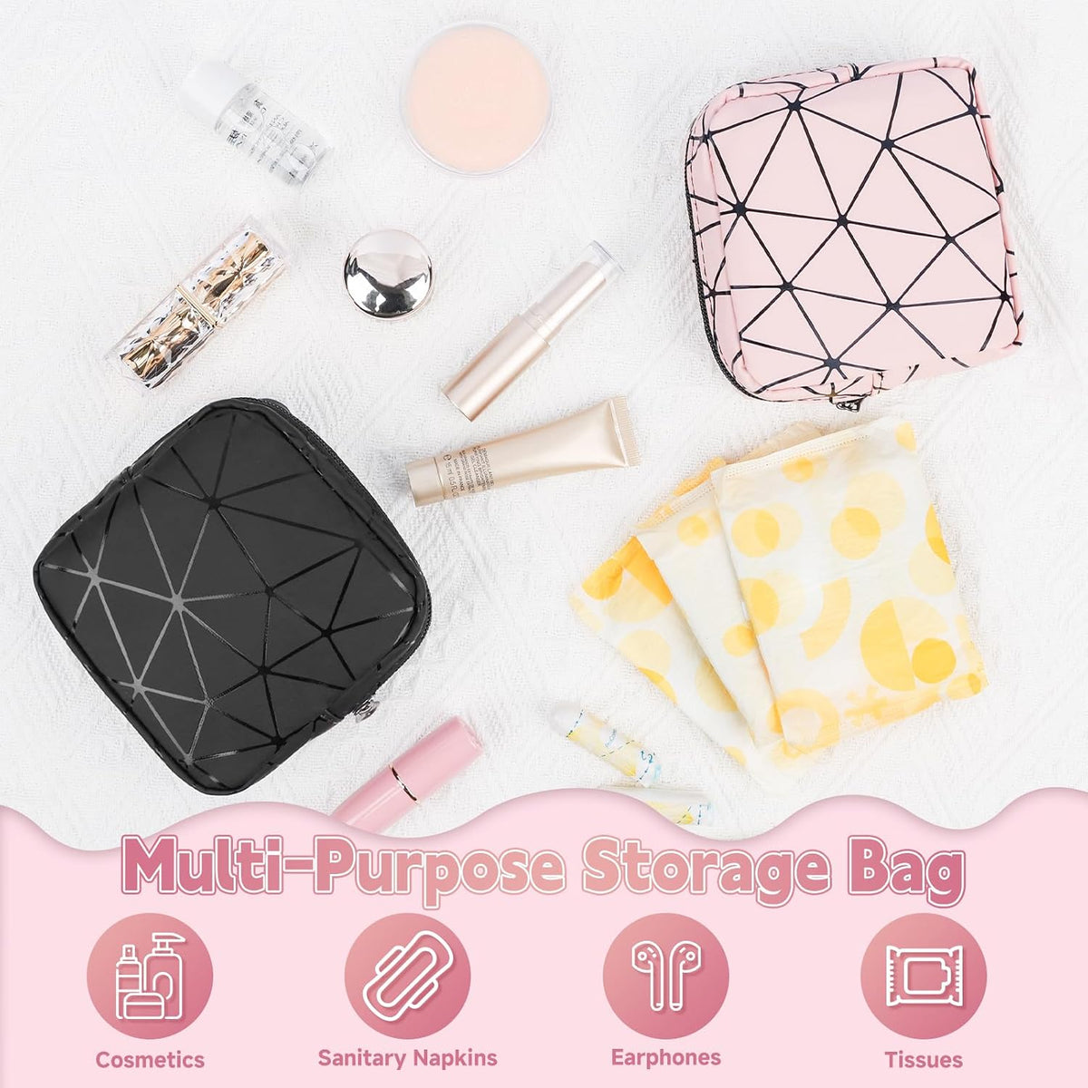 Discreet Period Bag Waterproof Geometric PU Sanitary Napkin Storage Bag Portable Menstrual Pad Pouch Cute Tampon Bag for Purse Small Makeup Bag S-Pink