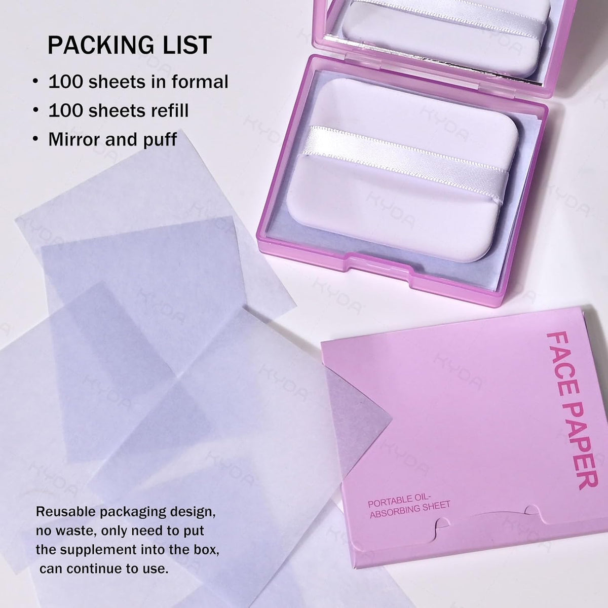 KYDA 200 Sheets Face Oil Blotting Paper, Included Refills, Mirror and Puff, Oil Absorbing Sheets for Matte Makeup, Controls Shine, Absorb Excess Oil, Travel Size Gentle Face Makeup