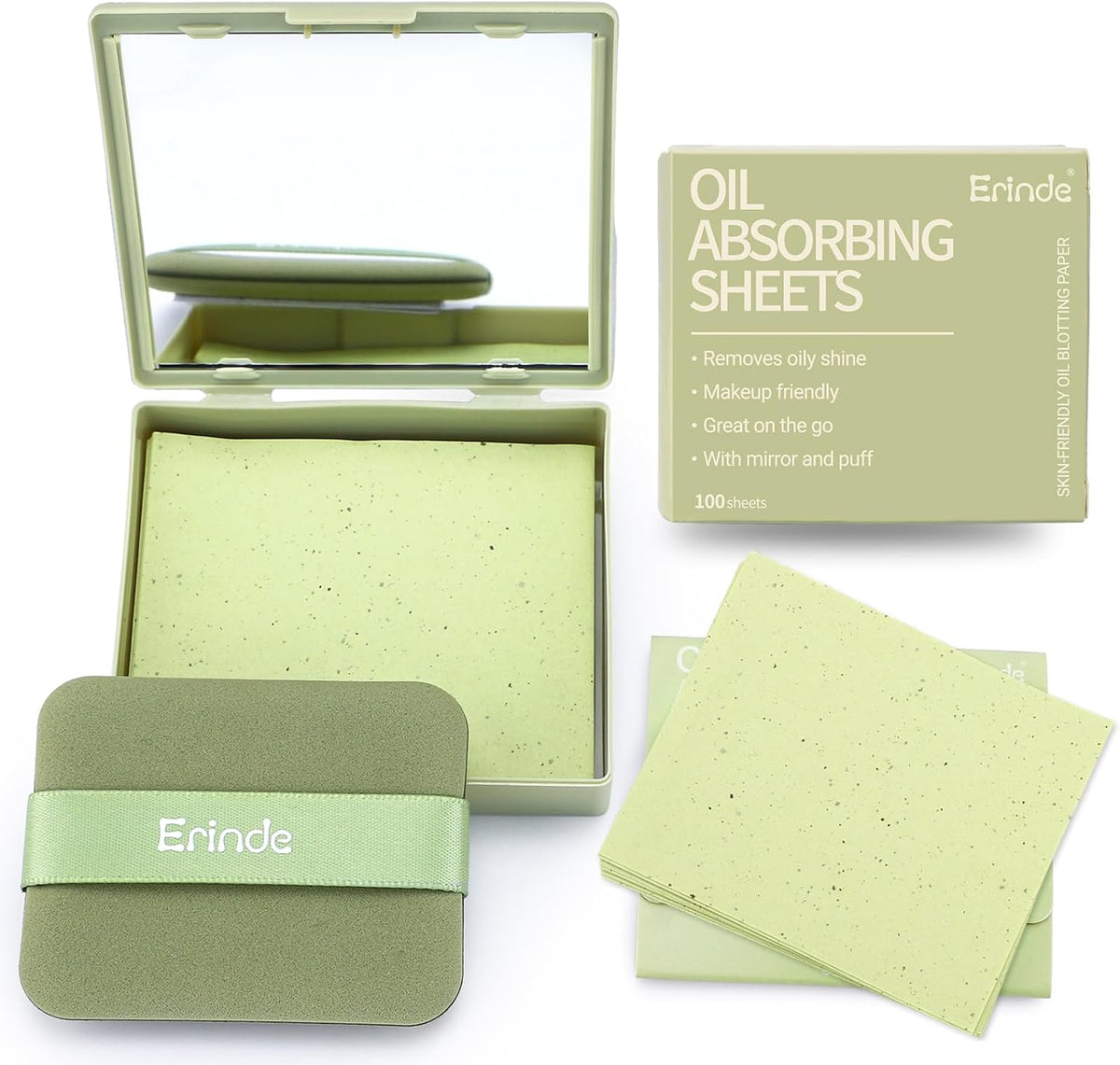 Erinde Oil Blotting Sheets for Face with Mirror and Puff, 300 Sheets Oil Blotting Paper for Oily Skin, Face Oil Absorbing Sheet, Natural Oil Control Film, Absorb Excess Oil, Makeup Friendly