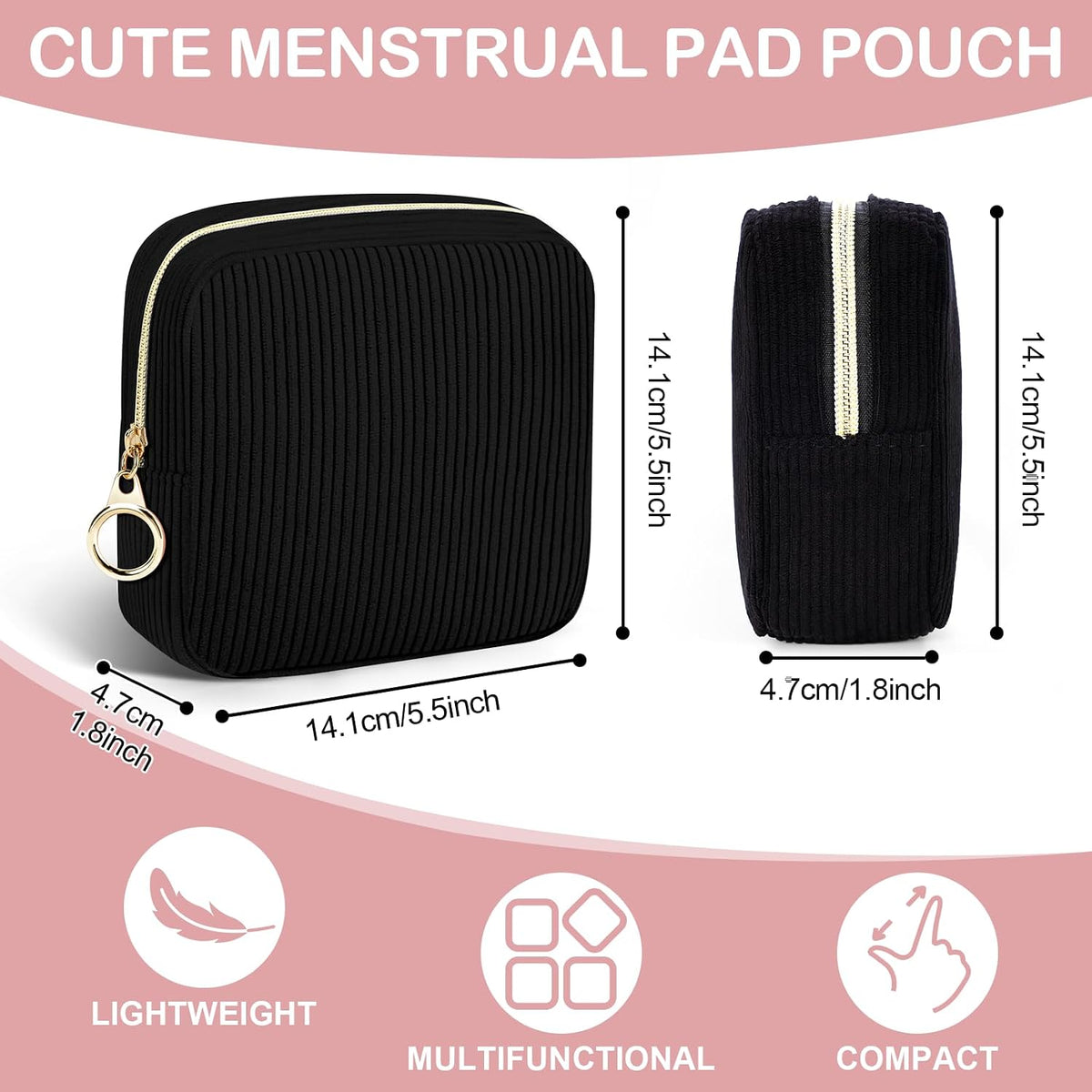 Corduroy Period Pouch Discreet Sanitary Napkin Storage Bag Black
