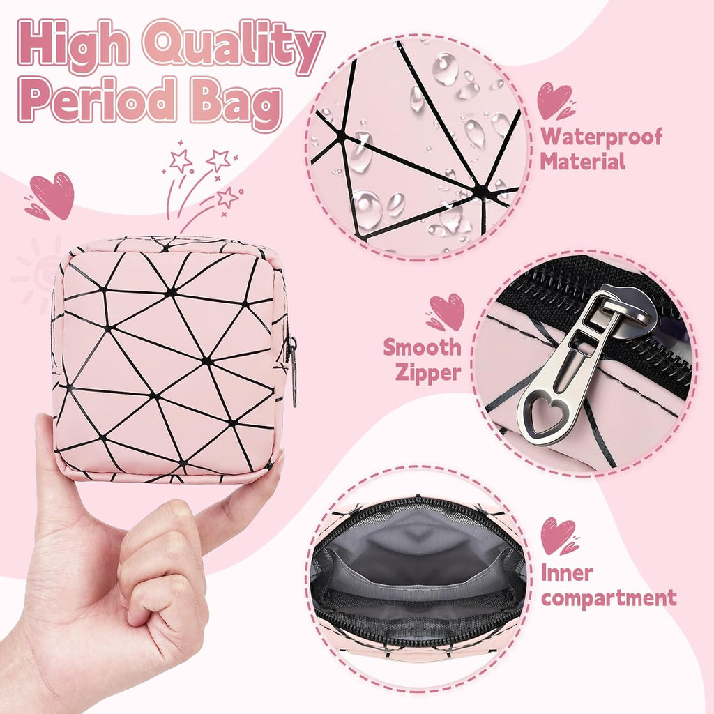 Discreet Period Bag Waterproof Geometric PU Sanitary Napkin Storage Bag Portable Menstrual Pad Pouch Cute Tampon Bag for Purse Small Makeup Bag S-Pink