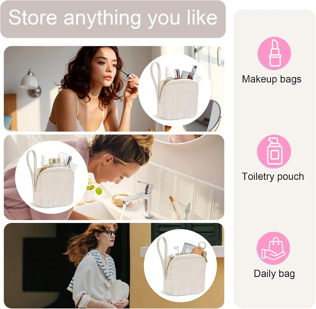 Corduroy Period Pouch for Women, Cute Sanitary Pad Pouch with Zipper, Portable Tampon Holder for Purse, Sanitary Napkin Storage Bag for Travel (Stripes Brown White)
